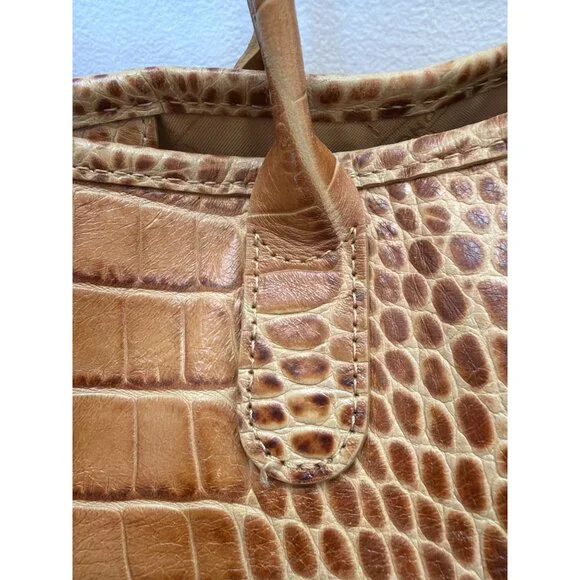 Longchamp Tan Croc-Embossed Roseau Leather Tote Handbag With Silver Toggle Closu